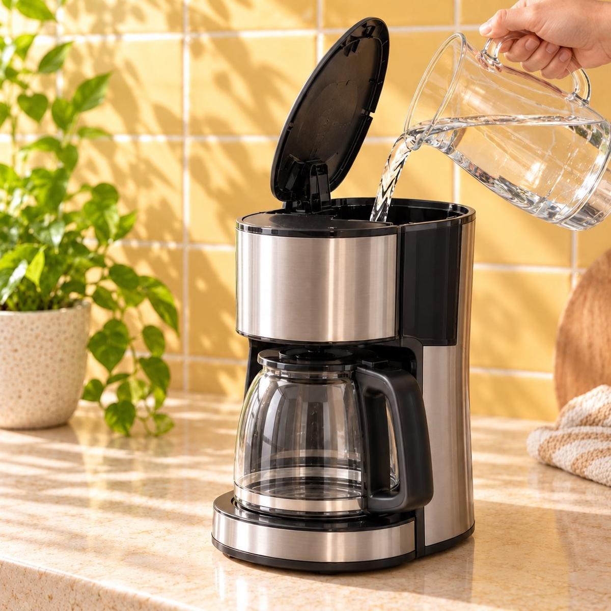 Fresh water being poured into the open coffee machine reservoir
