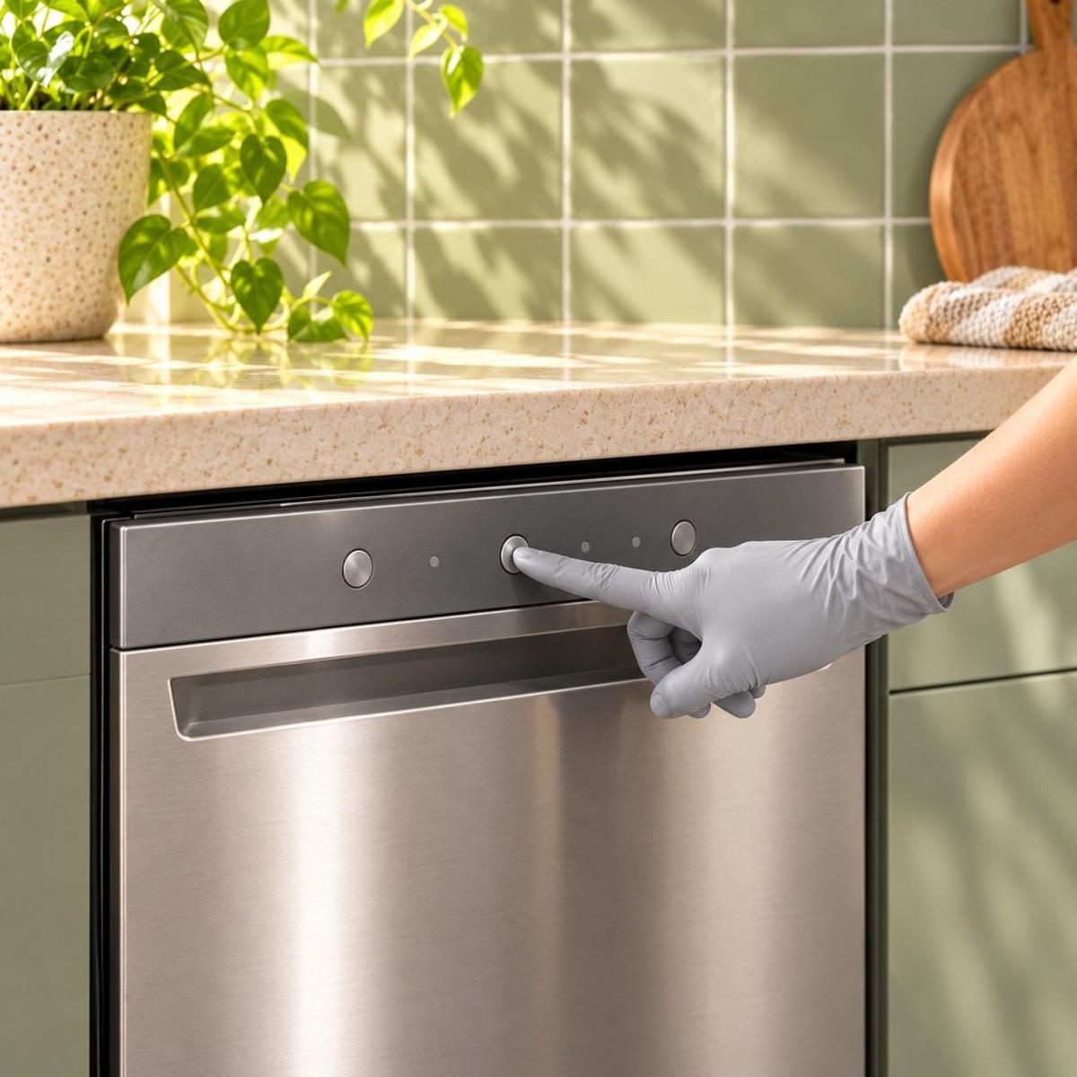 A hand starting a cleaning cycle with the dishwasher door closed