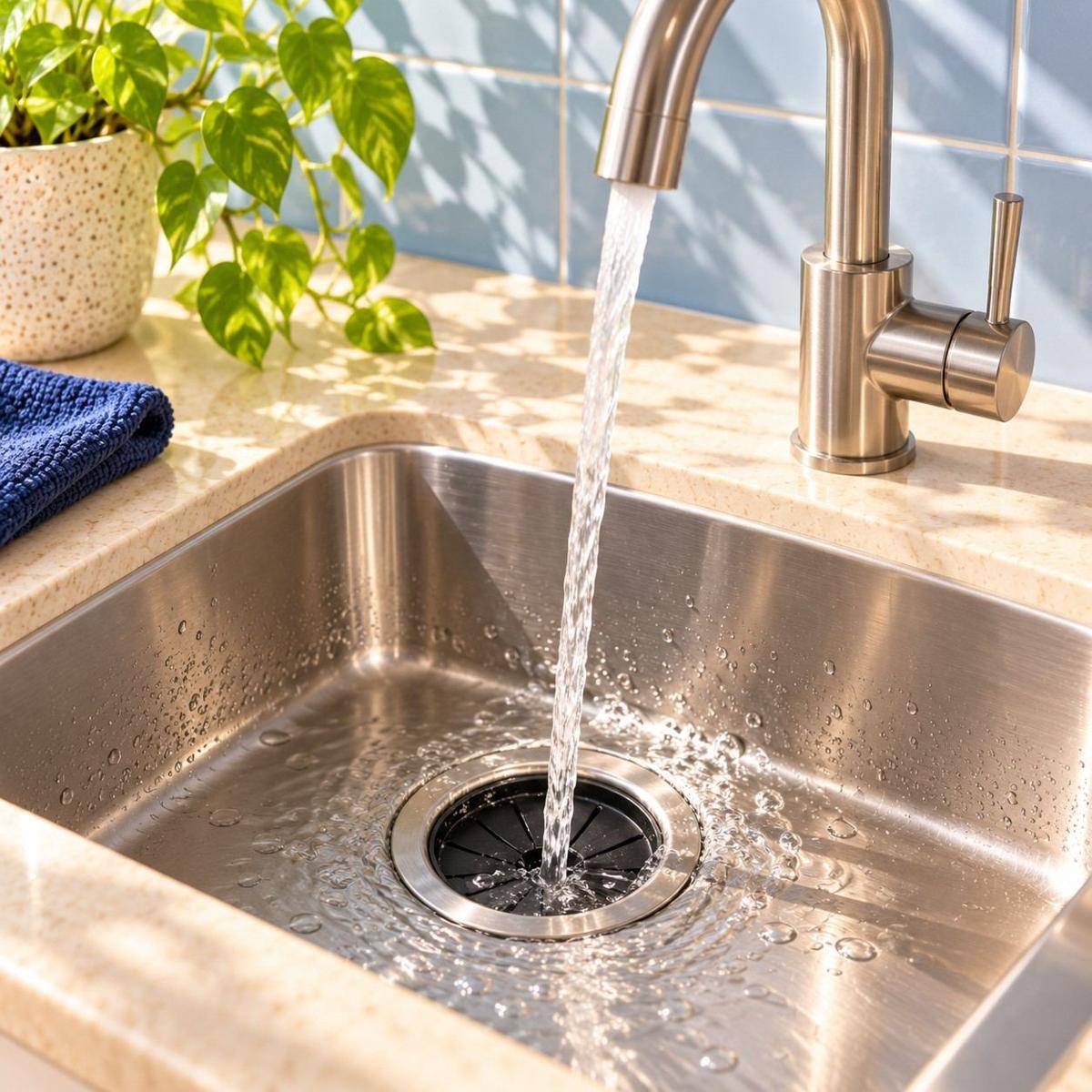A gentle stream of water running into the disposal opening