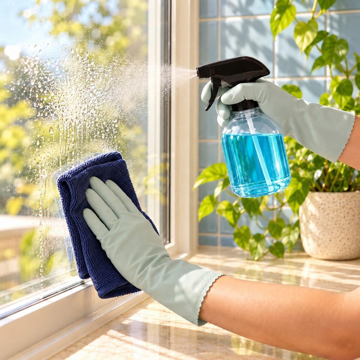 Glass wiped with a microfiber cloth and refillable spray bottle
