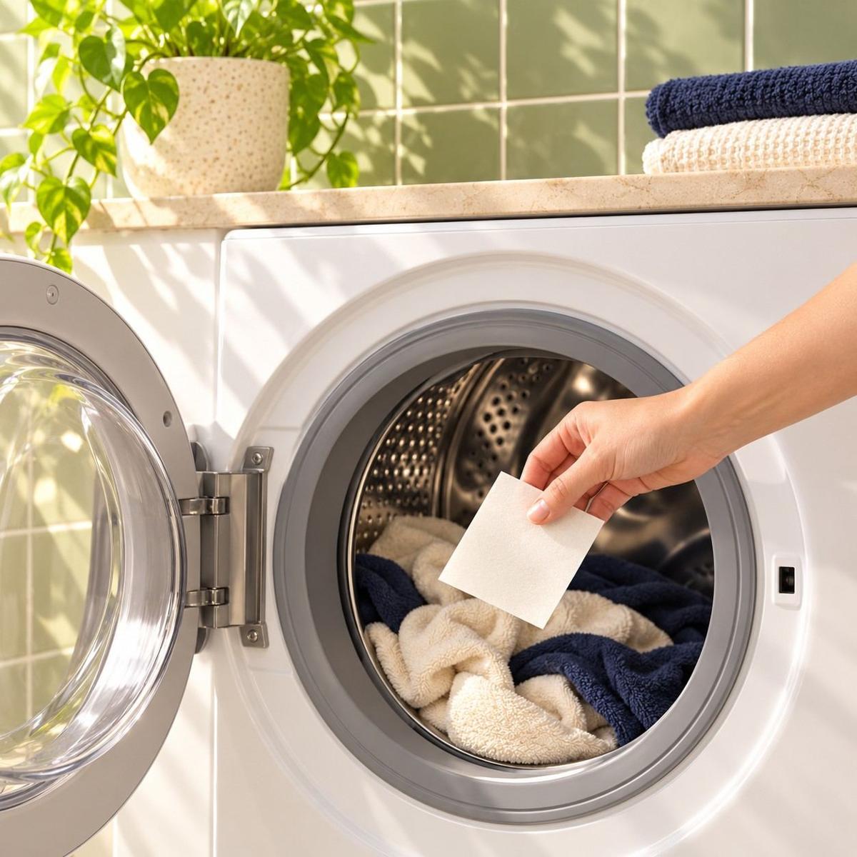 A thin detergent sheet held at the washer opening