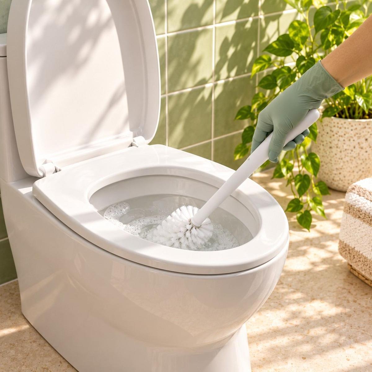 A gloved hand cleaning the bowl with a toilet brush