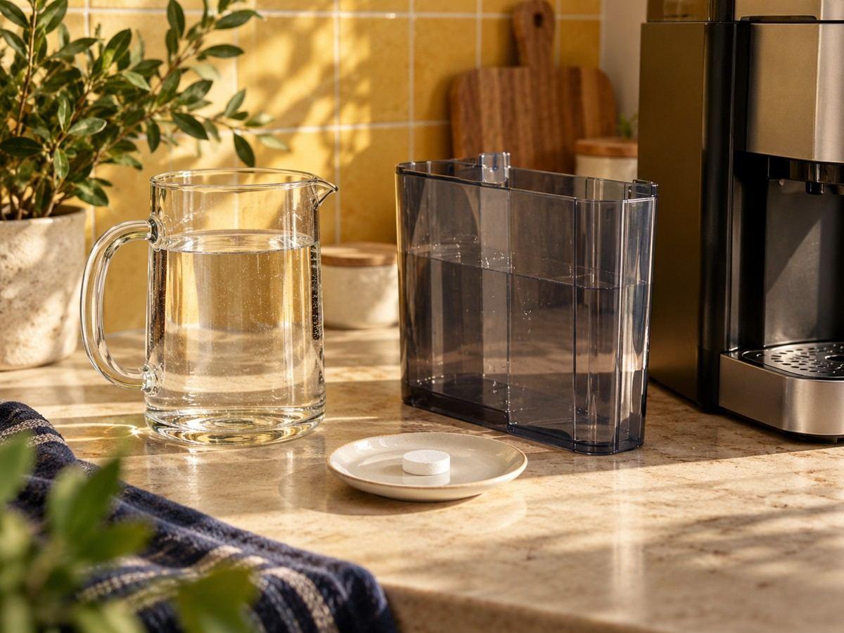 A descaling tablet beside a jug and coffee water reservoir