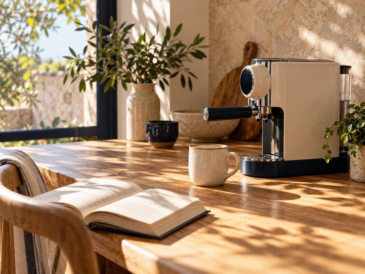 A quiet coffee corner with an espresso machine and open book