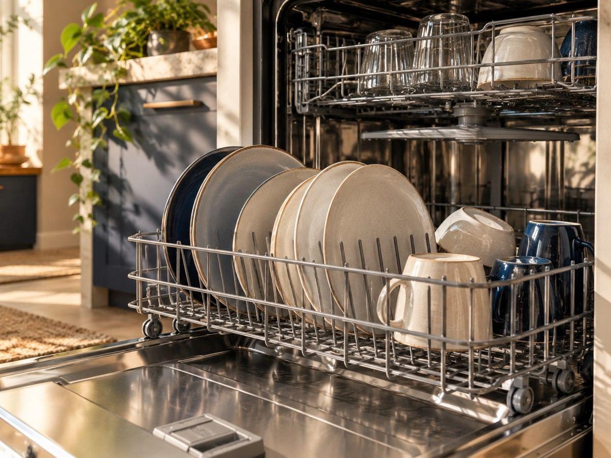 Spaced plates and cups inside a dishwasher rack
