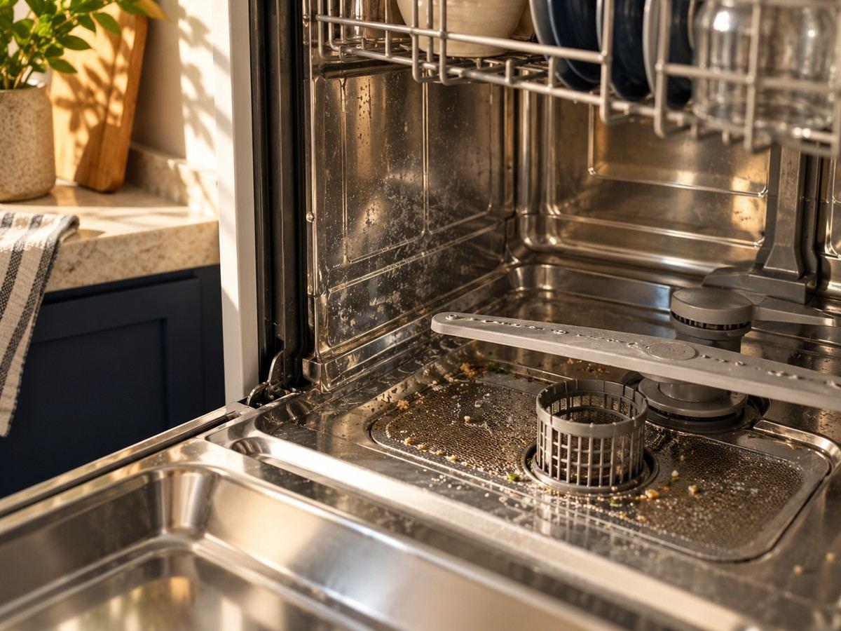 Buildup around a dishwasher filter and stainless interior