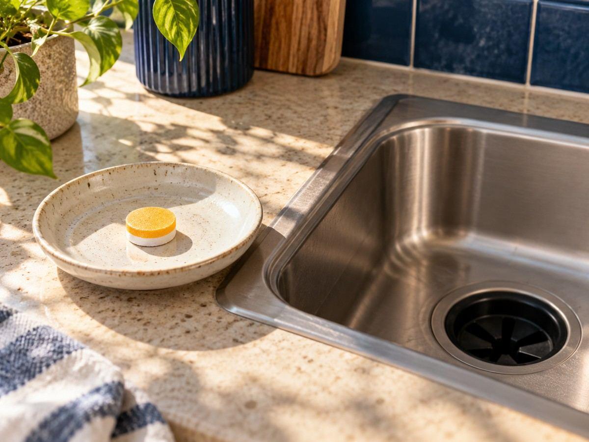 A two-layer disposal tablet beside a drained sink