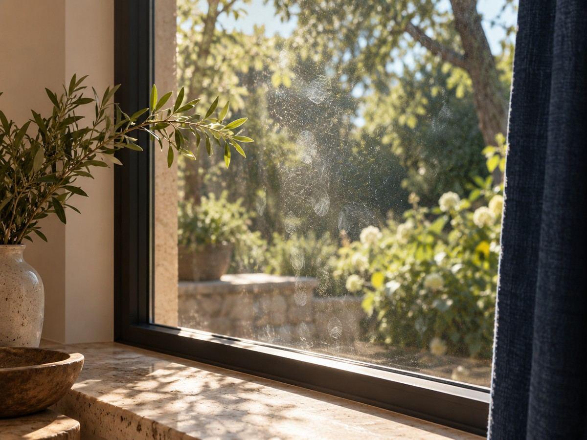 Fingerprints visible on glass in angled sunlight