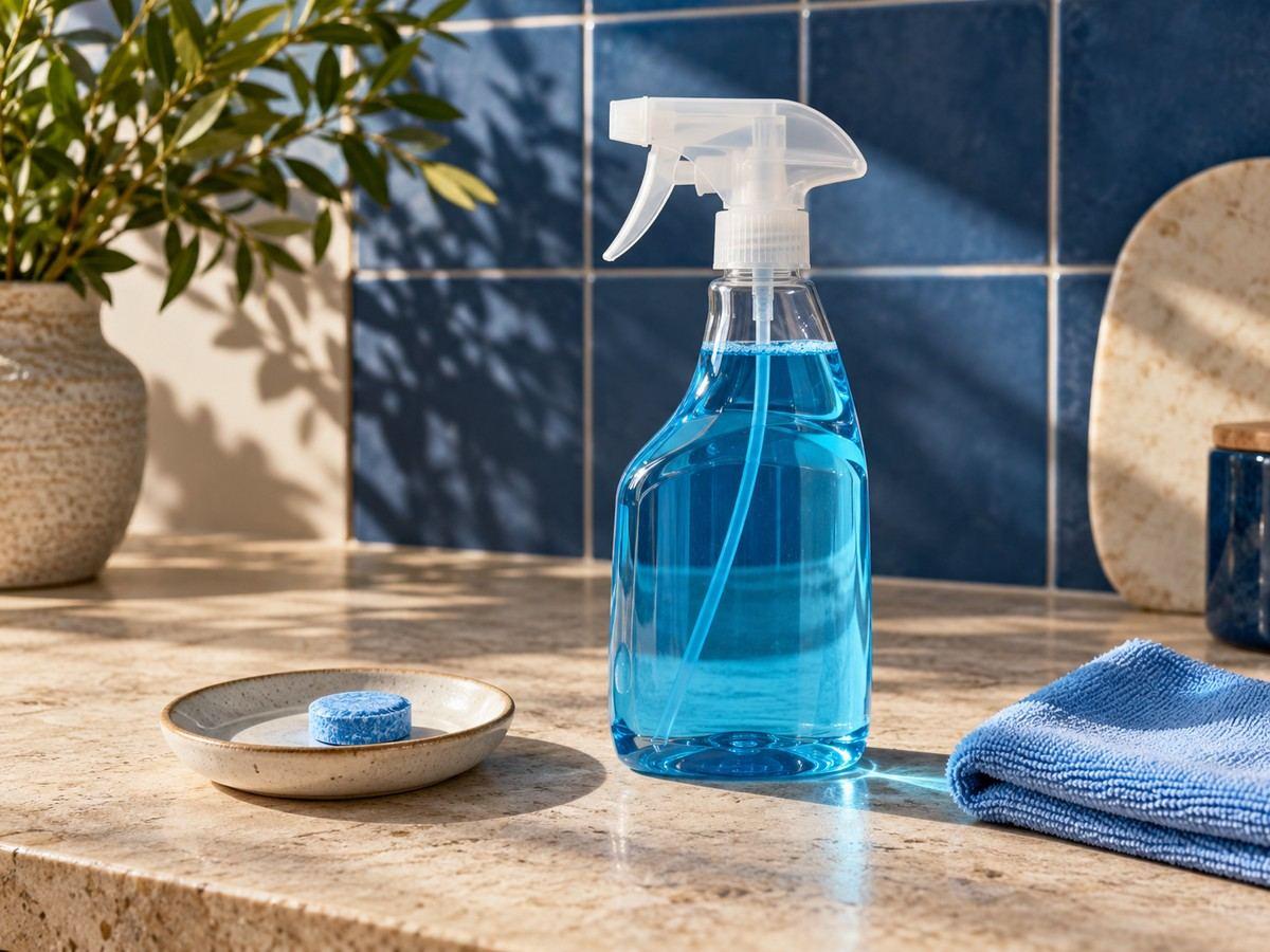 Blue glass-cleaning solution and a tablet beside a cloth