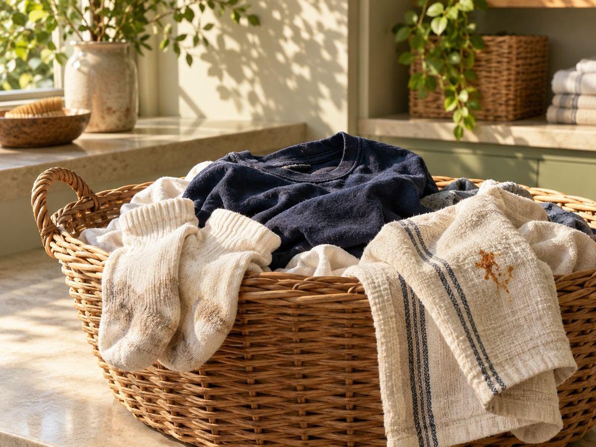 Worn everyday clothes gathered in a laundry basket