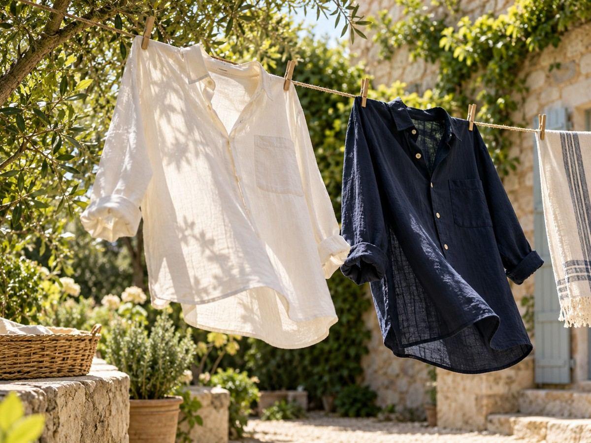 Fresh shirts hanging on a garden clothesline
