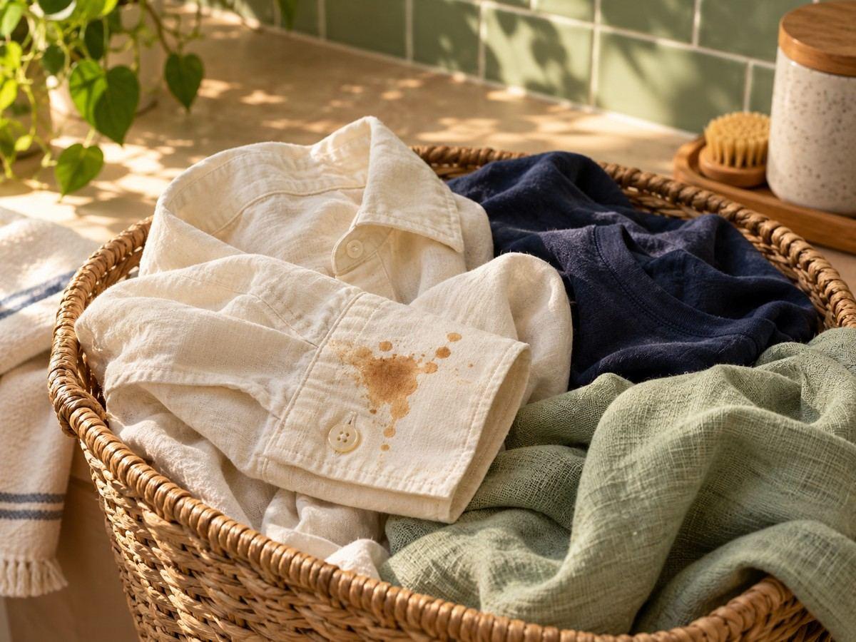 Everyday coffee stain on a cotton shirt in a laundry basket