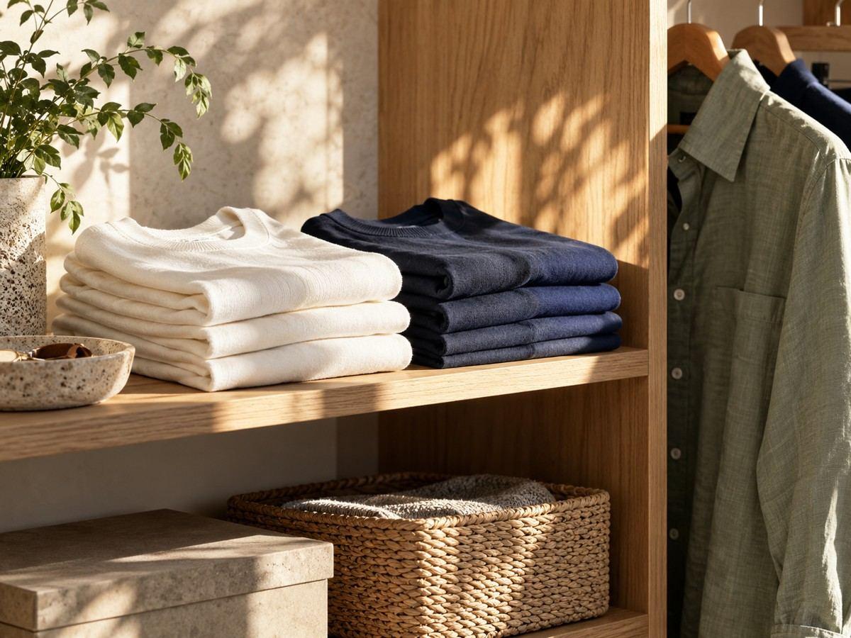 Folded shirts on a sunlit wardrobe shelf