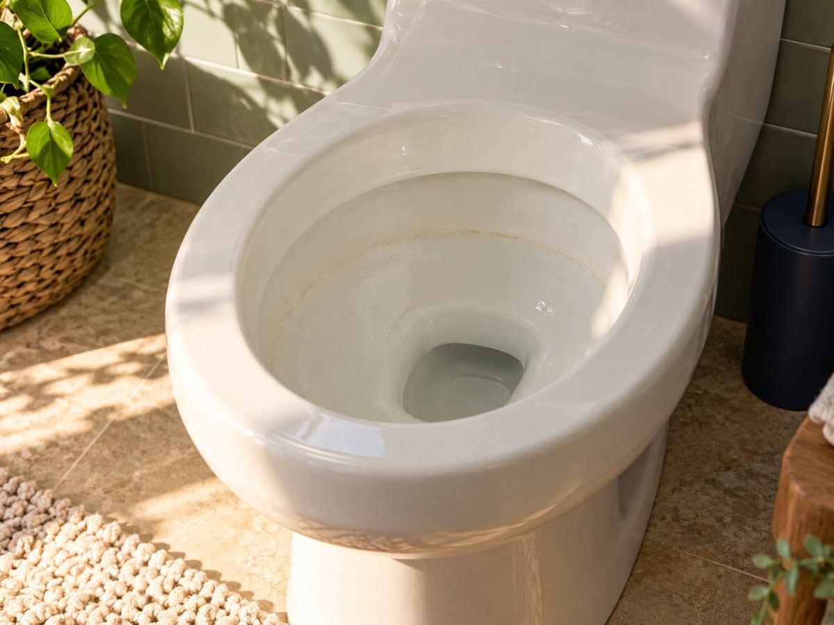 A subtle mineral ring inside a ceramic toilet bowl
