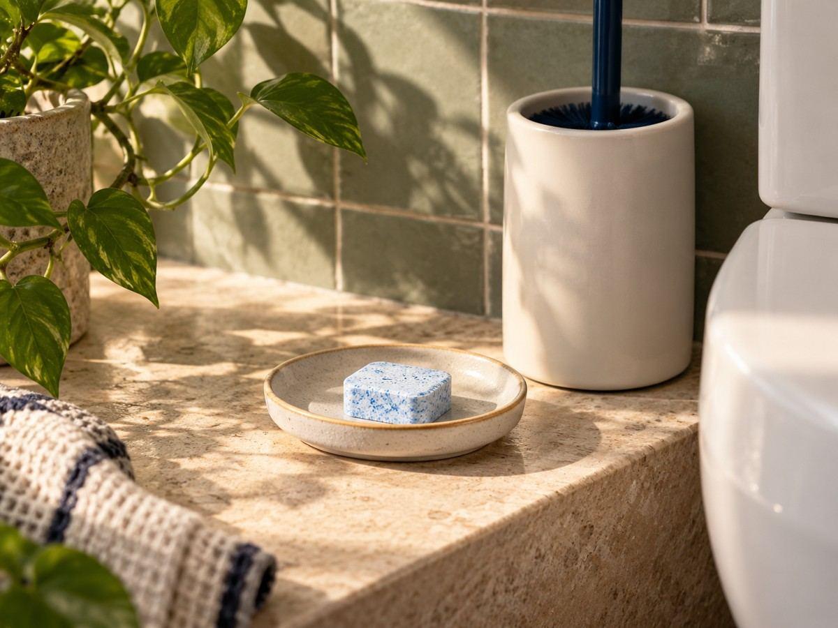 A blue-speckled cleaning tablet beside a toilet brush holder