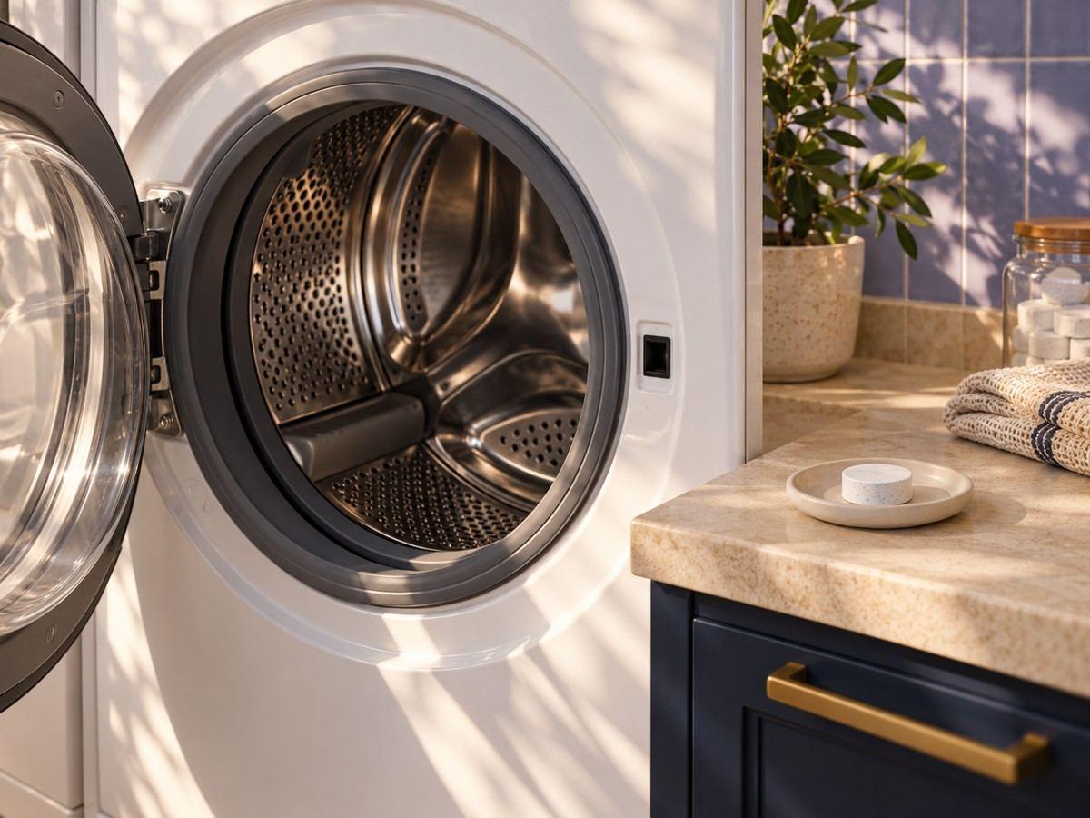 An empty washer beside a cleaning tablet