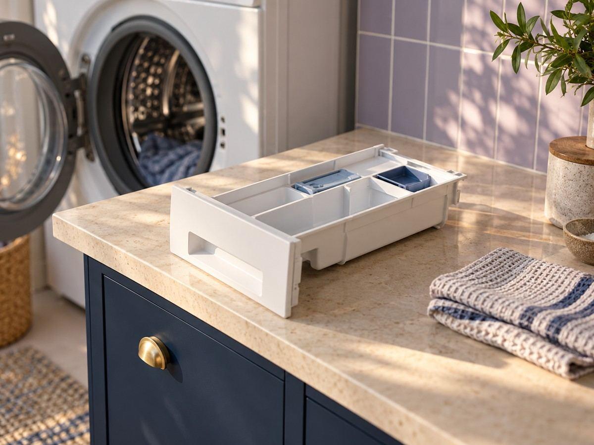 A washer detergent drawer on a laundry counter