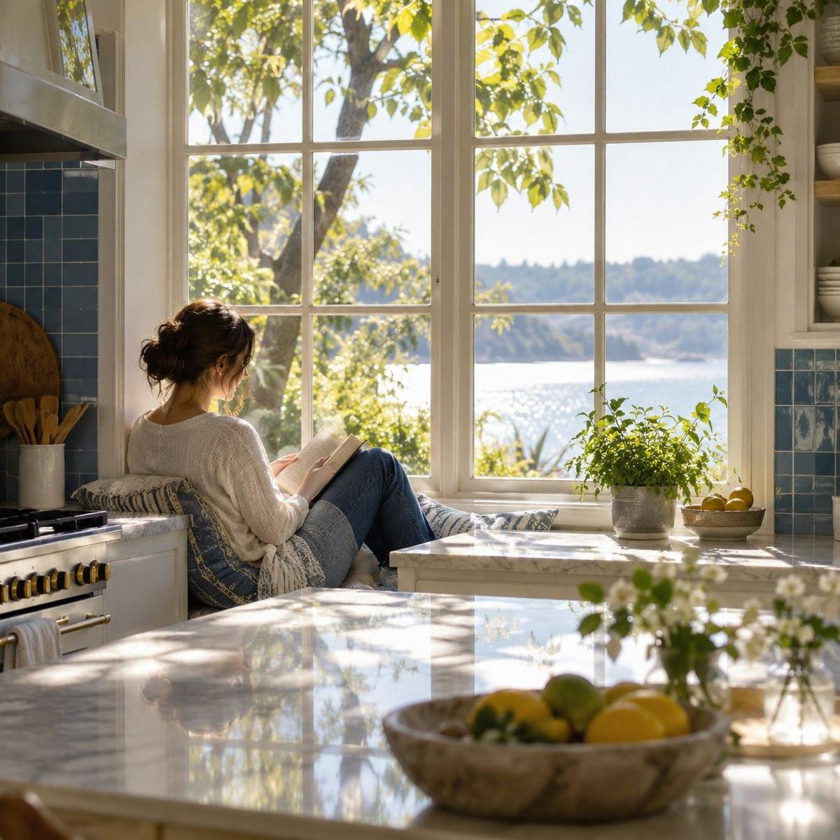 Reading beside a bright kitchen window