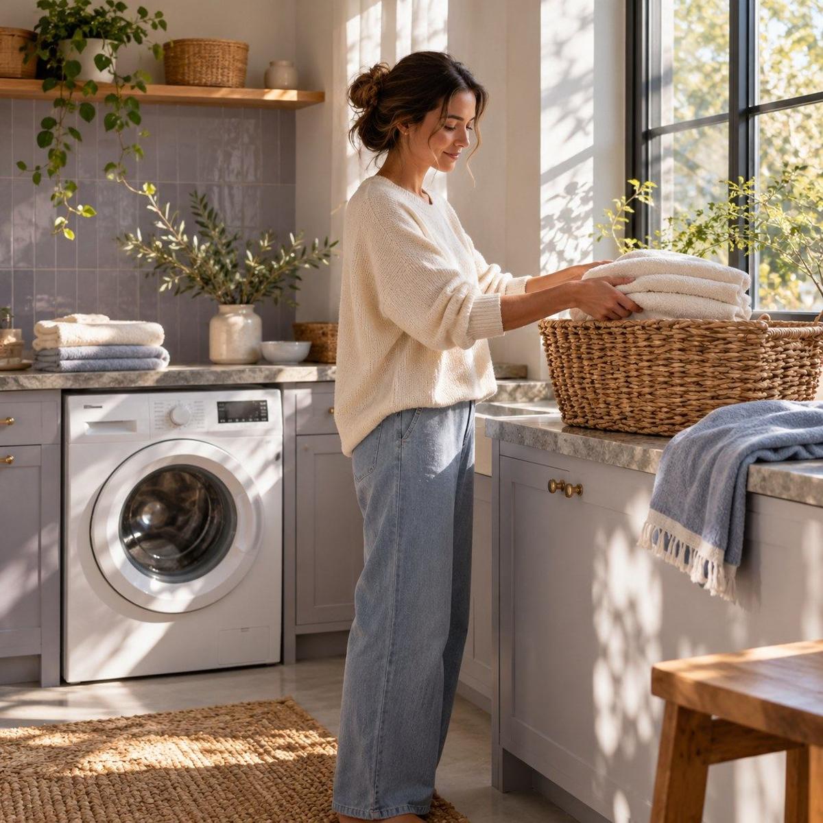 Folding towels beside a washing machine