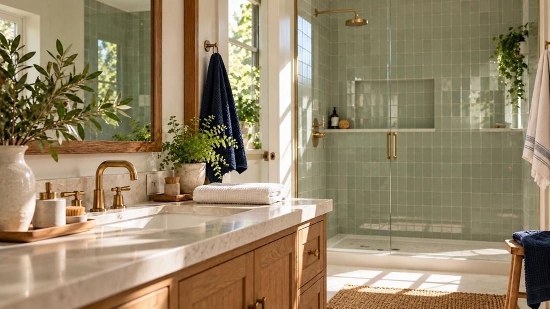 A bright bathroom with a glass shower and folded towels