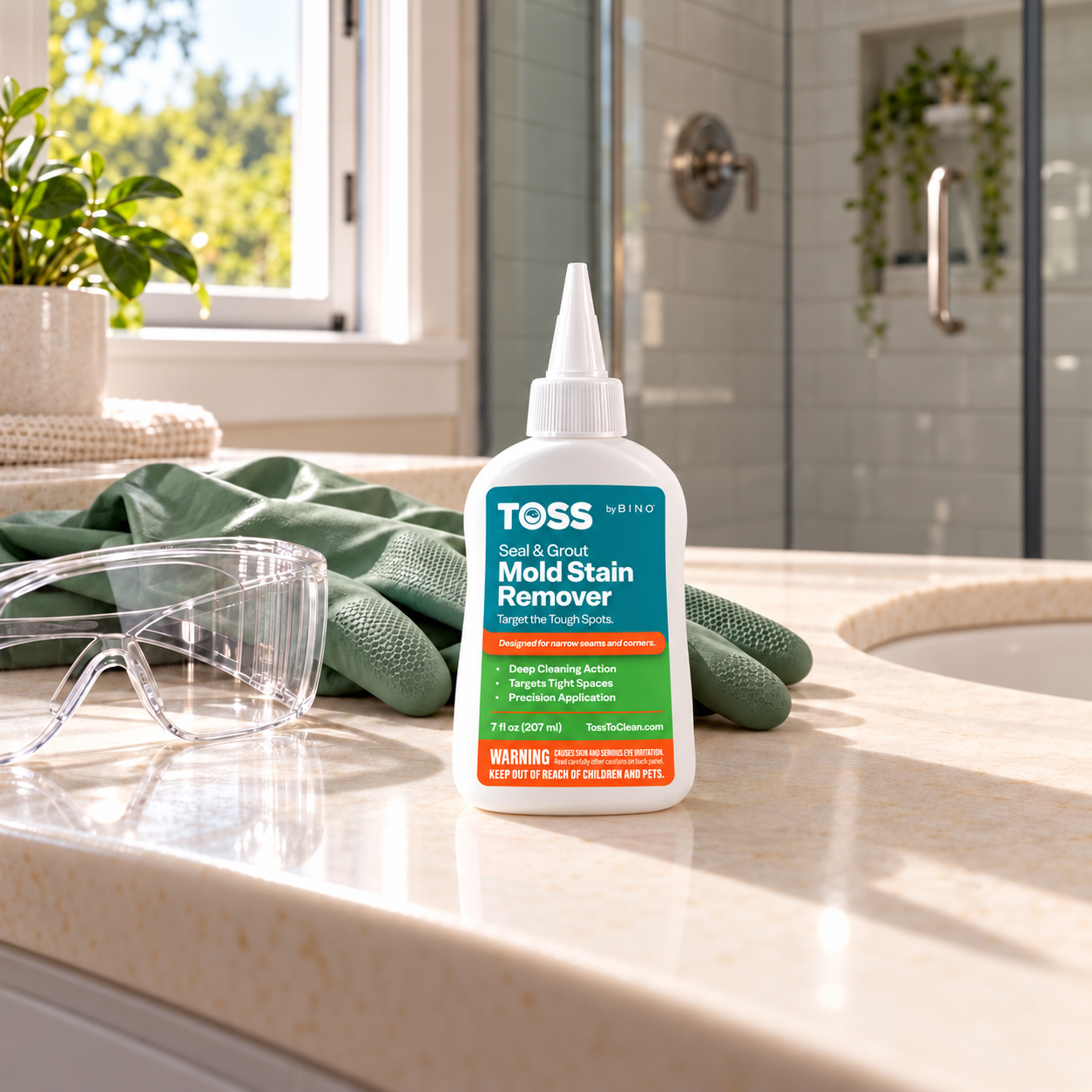 TOSS mold gel with chemical-resistant gloves and safety goggles