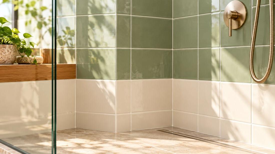 Ivory shower seams and sage tiles in natural daylight