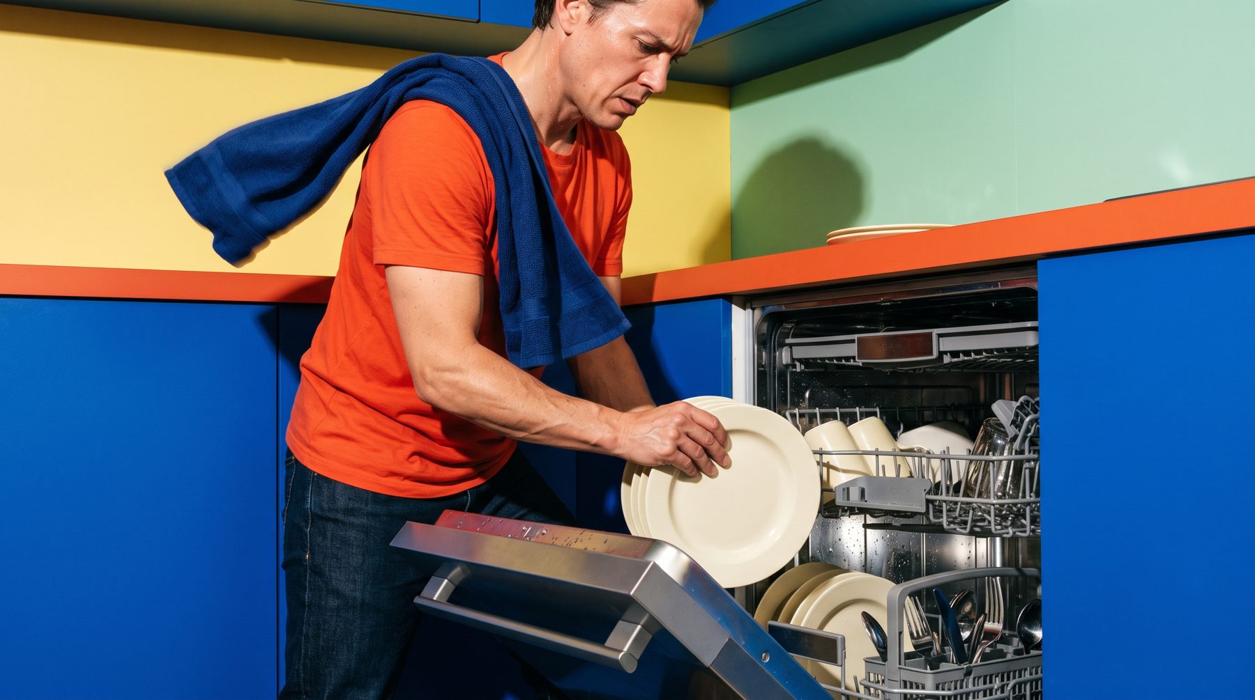 A man loading plates into a dishwasher in a colourful blue, orange and green kitchen