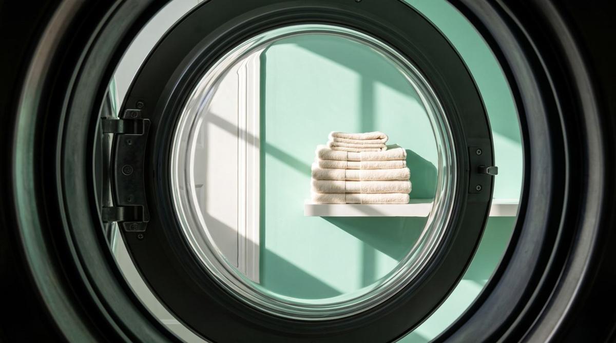 A washer door framing neatly folded towels